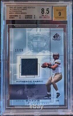2001 Sp Game Used Authentic Fabric Drew Brees Rookie Auto Rc /25 Bgs 8.5 Nm-mt+