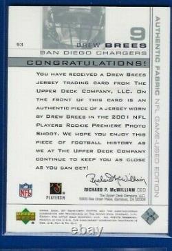 Drew Brees 2001 SP Game Used #93 NFL Rookie Jersey Card SP /500 Chargers Saints