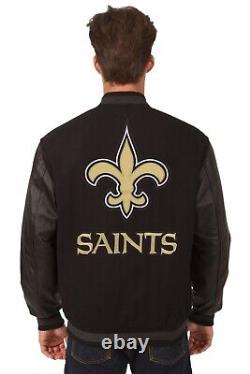 NFL New Orleans Saints Wool Leather Reversible Jacket Embroidered Logos Black JH