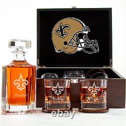 New Orleans Saints Engraved Football Whiskey Decanter 2 Glasses In Wood Box