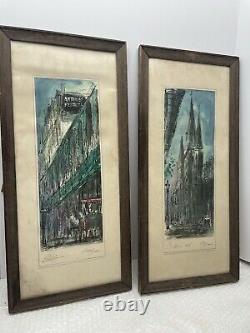 PAIR OF TOM LANE New Orleans WATERCOLOR SIGNED ANTOINE'S ST JOHNS CATHEDRAL