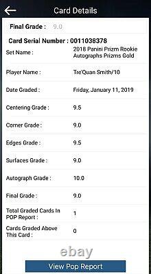 Tre'Quan Smith 2018 Panini Prizm GOLD Rookie RC AUTO 2/10 BGS 9 POP 1