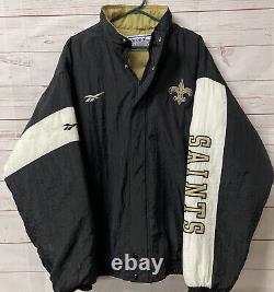 Vintage Reebok Pro-Line New Orleans Saints Puffer Jacket Black Gold NFL Mens XL